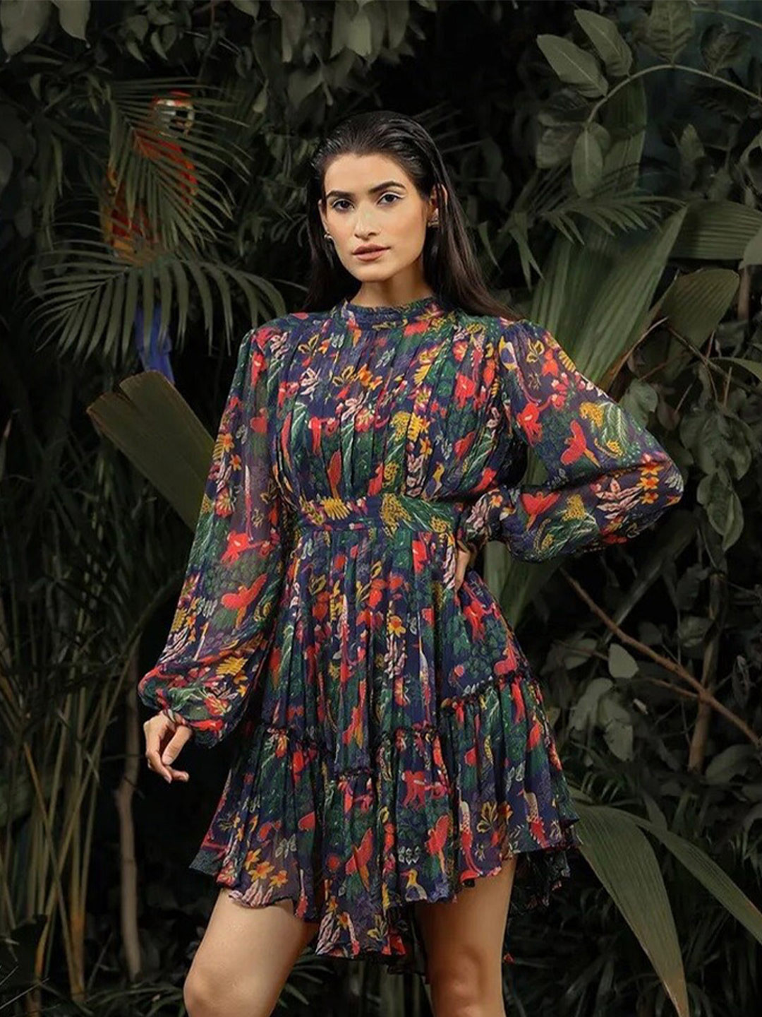 Baise Gaba Navy Blue Tropical Printed lared A-Line Dress