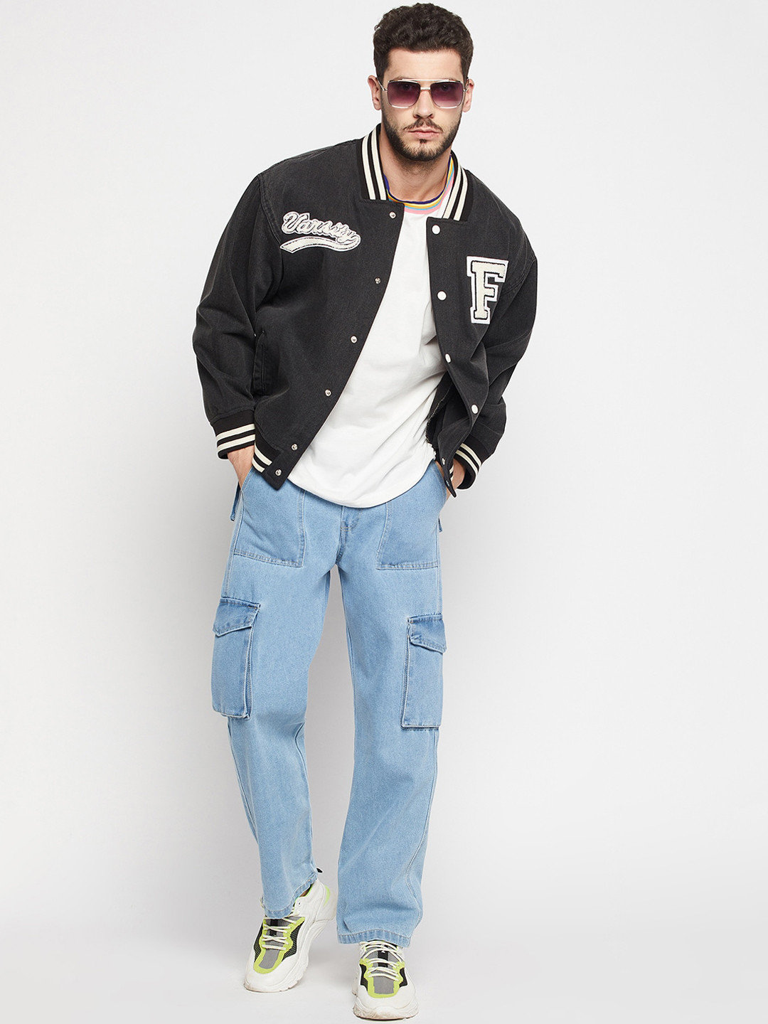 FUGAZEE Men Grey Embroidered Pure Cotton Denim Varsity Jacket