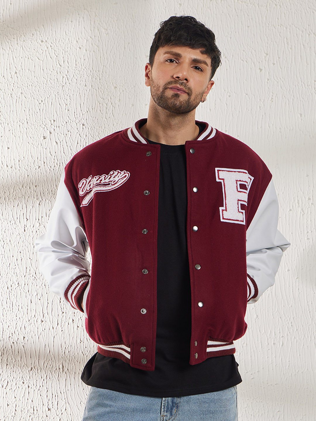 FUGAZEE Men Maroon Colourblocked Varsity Jacket