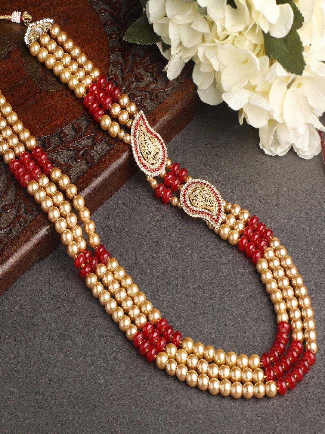 Mahi Men Gold-Plated Brown & Red Layered Glass Beads Dulha Moti Mala Haar