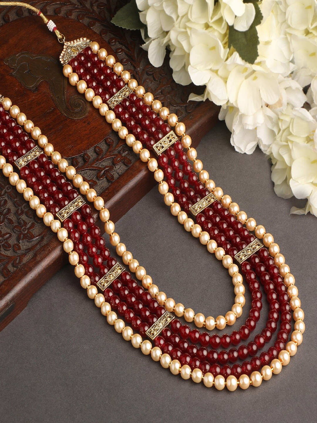 Mahi Men Gold-Plated Red & Brown Layered Glass Beads Dulha Moti Mala Haar