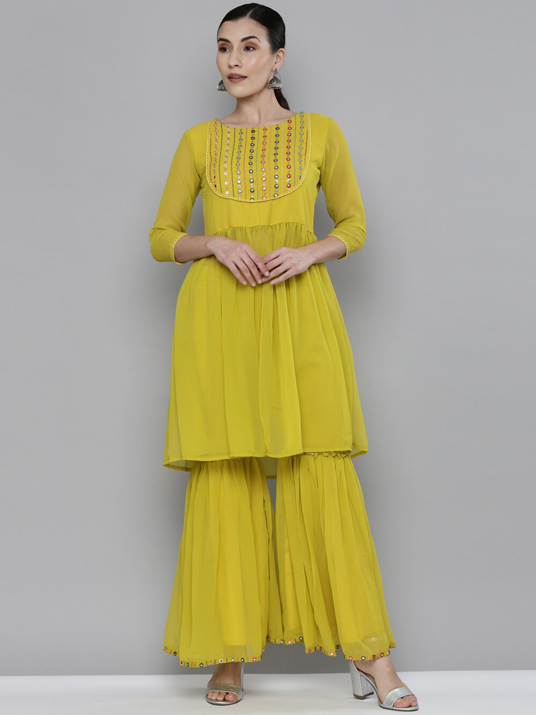 Kvsfab Women Yellow Embroidered Pleated Mirror Work Kurta with Sharara