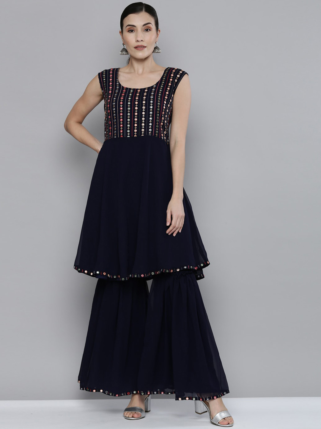 Kvsfab Women Navy Blue Embroidered Mirror Work Kurti with Sharara