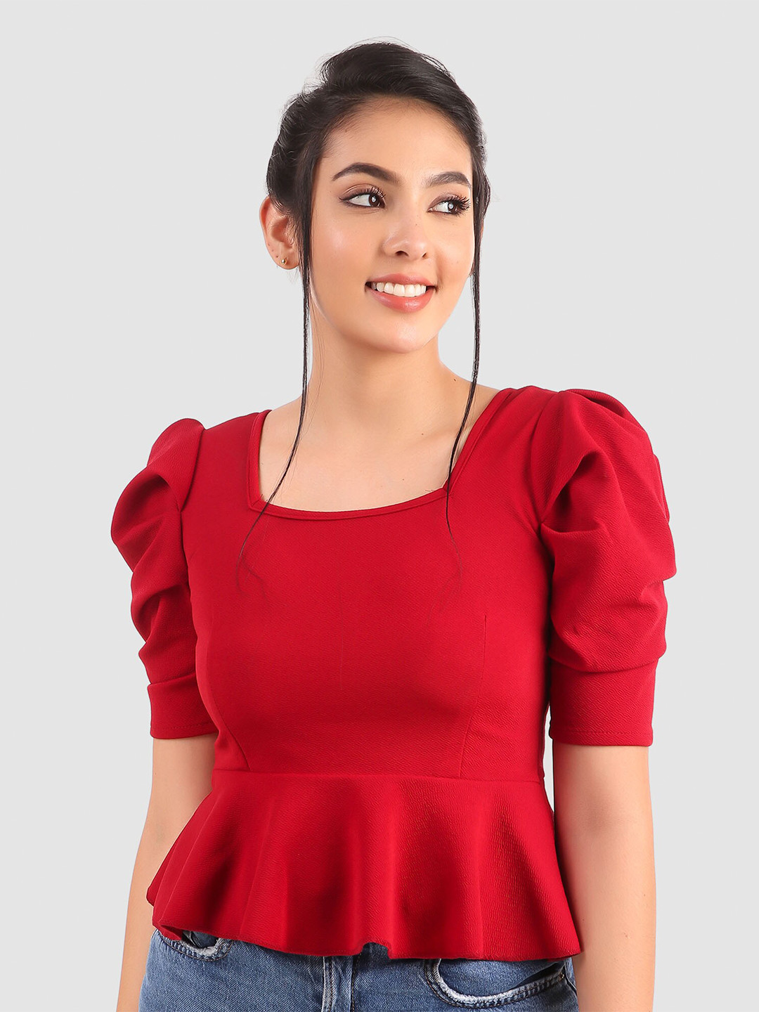 Womenster Red Crepe Peplum Top