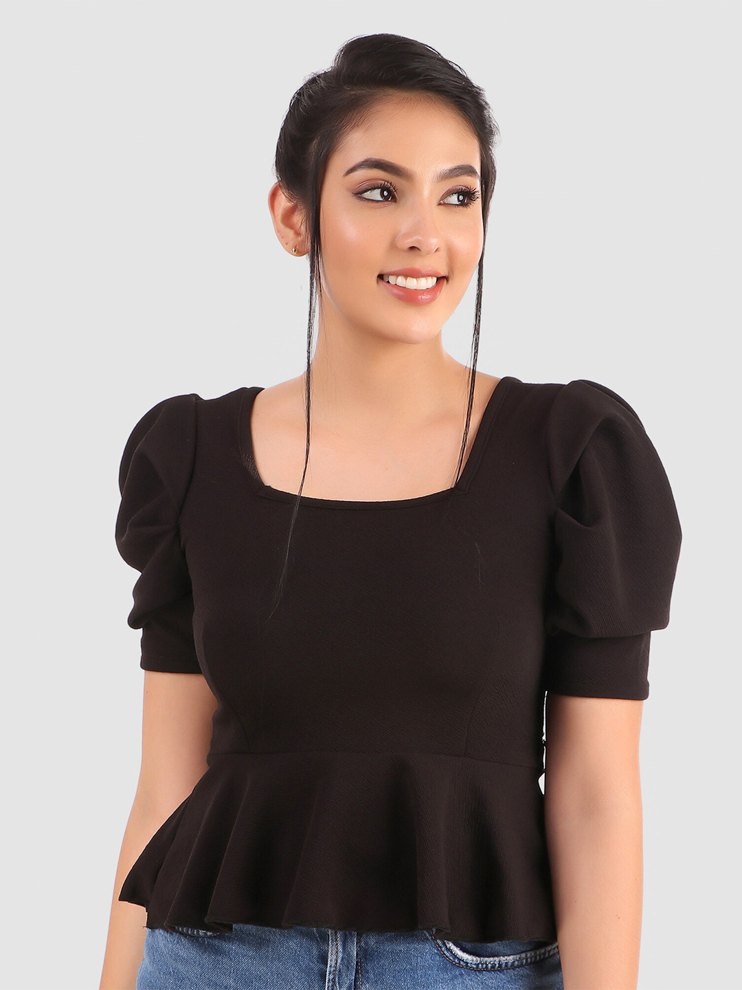 Womenster Black Crepe Peplum Top