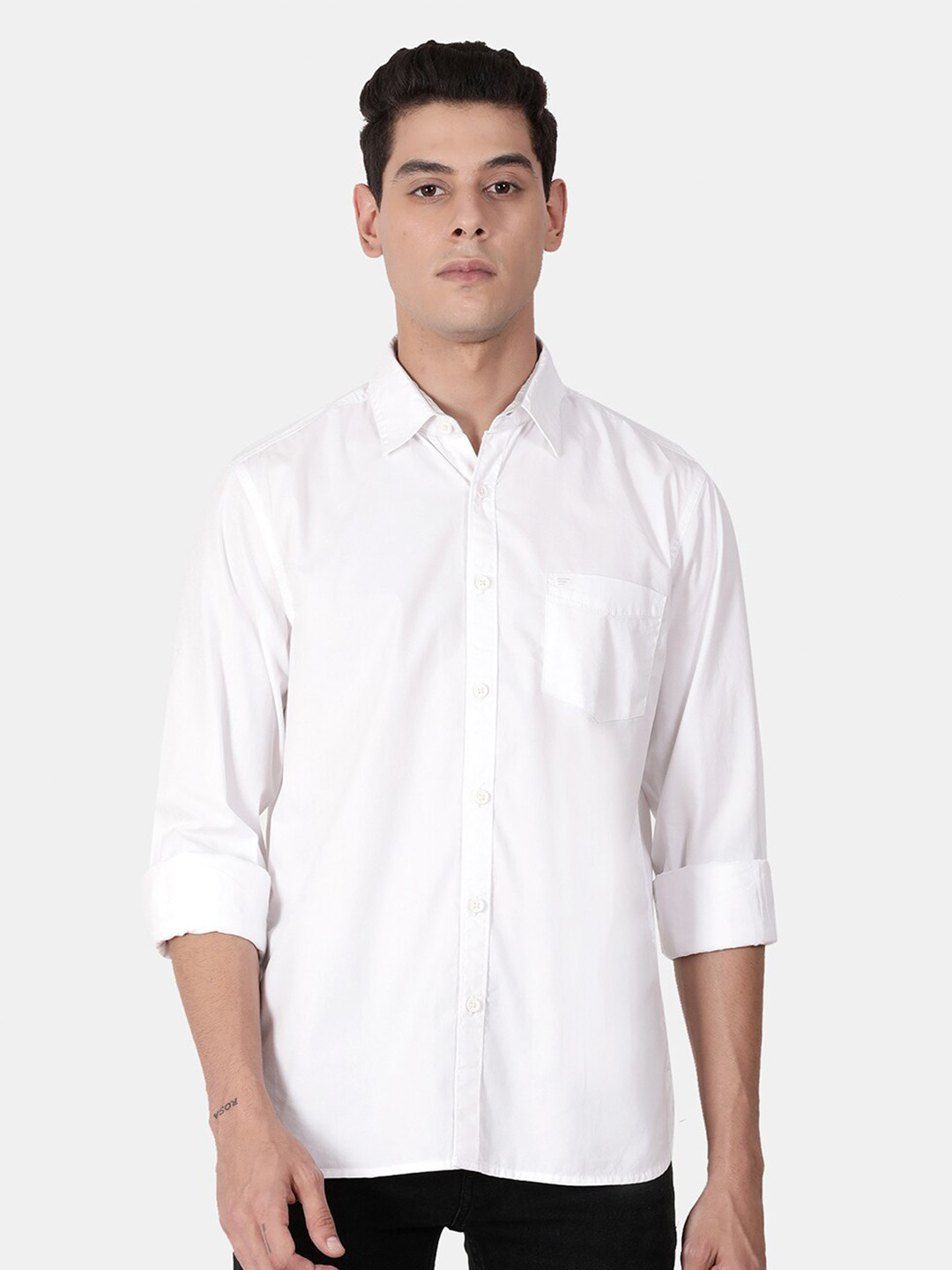 t-base Men White Linen Casual Shirt