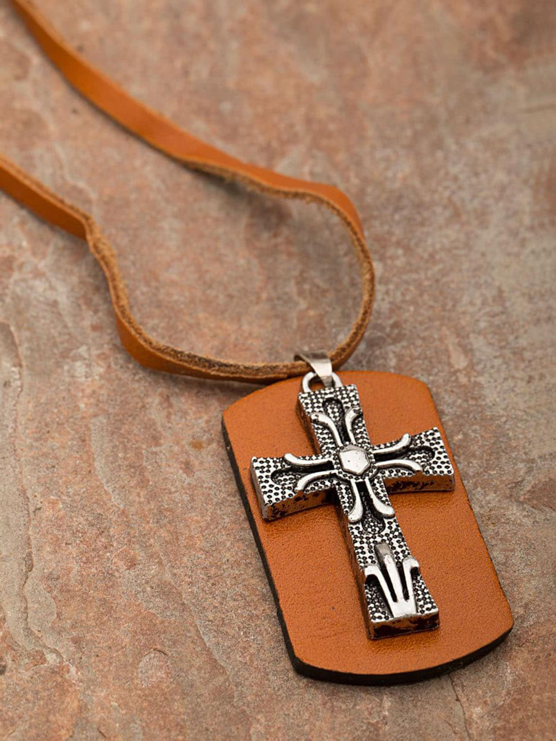 Dare by Voylla Men Oxidised Silver-Plated Pendant With Brown Leather Chain