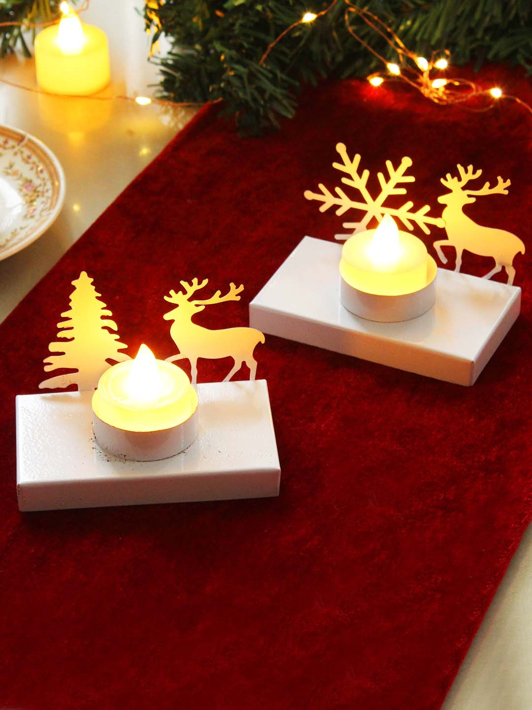 TIED RIBBONS Set Of 2 Solid Reindeer Tealight Candle Holders