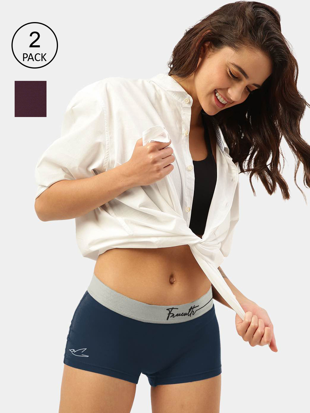 FREECULTR Women Pack Of 2 Blue & Burgundy Solid Anti Microbial Boy Shorts