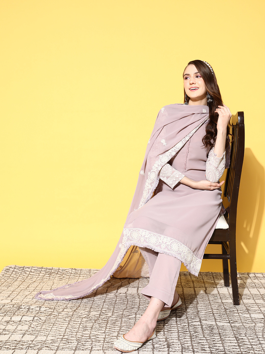 Kvsfab Women Lavender Ethnic Motifs Embroidered Chikankari Kurta with Trousers & Dupatta