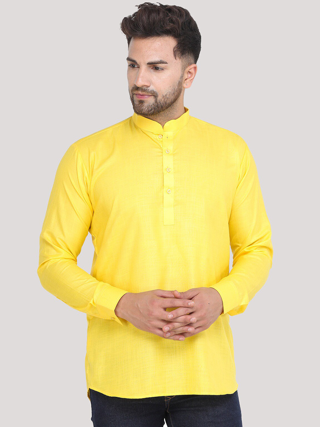 MAG Men Yellow Cotton Straight Kurta