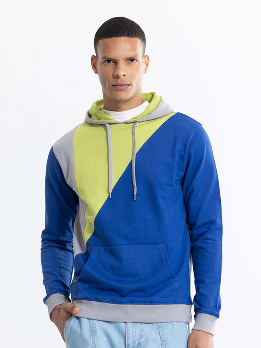 Cotton Cyan Hoodie Mens Buy Snitch Men Blue Colourblocked Hooded