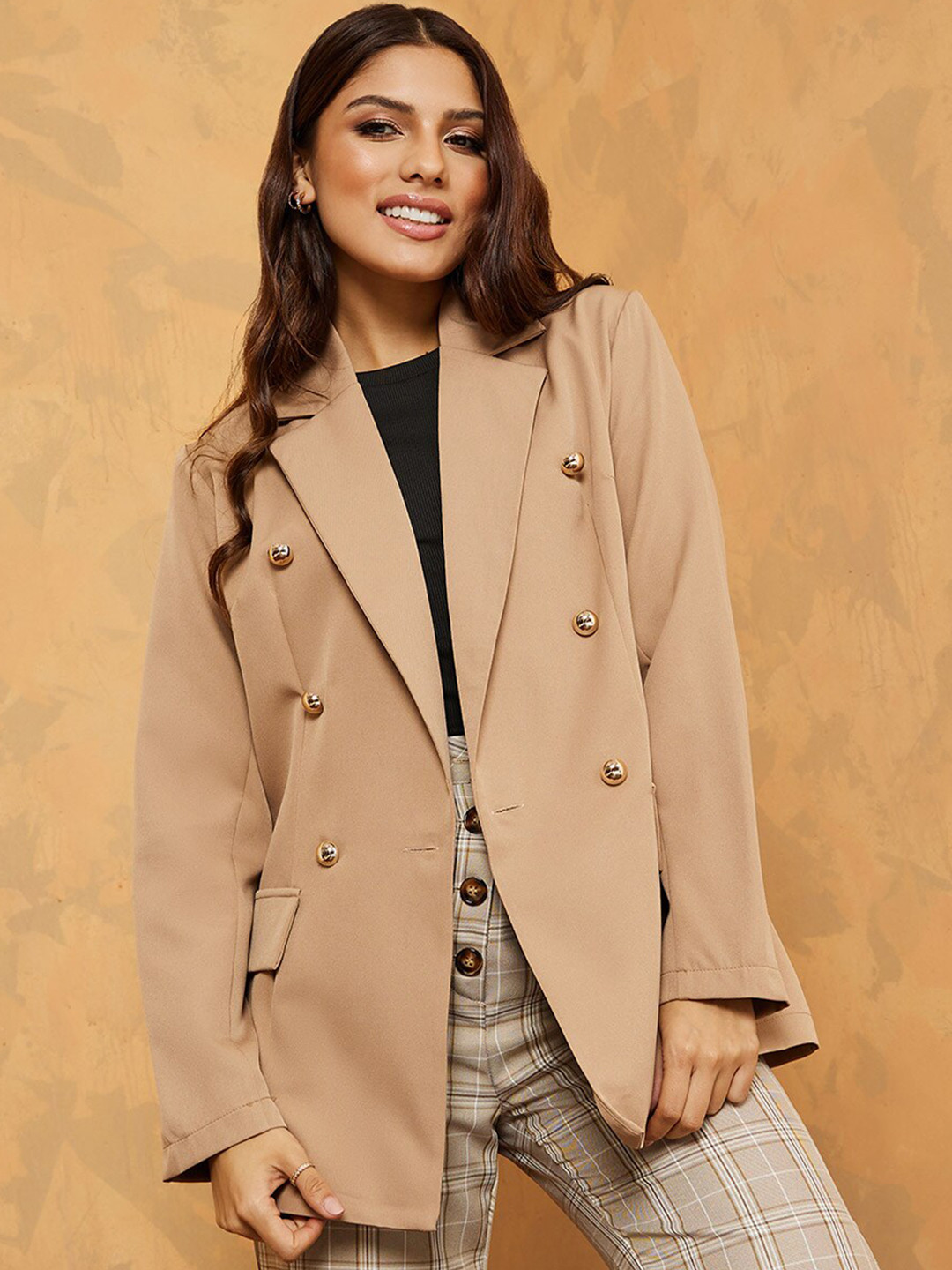 Styli Women Brown Solid Double-Breasted Blazers