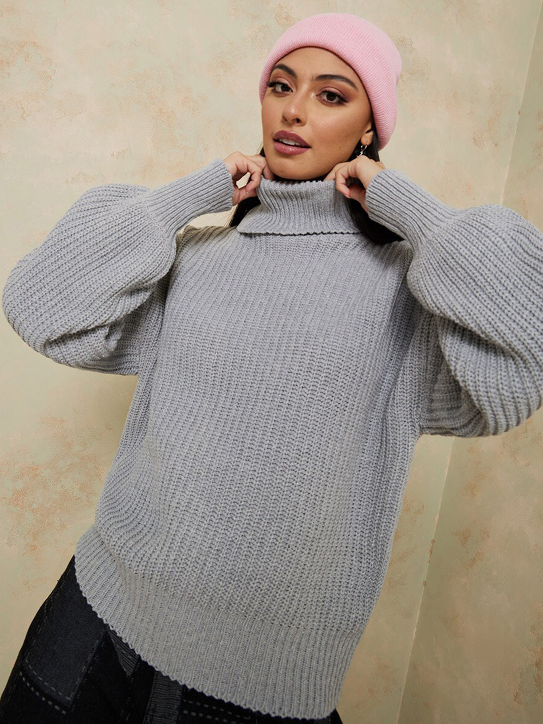 Styli Women Grey Striped Turtle Neck Pullover Sweater