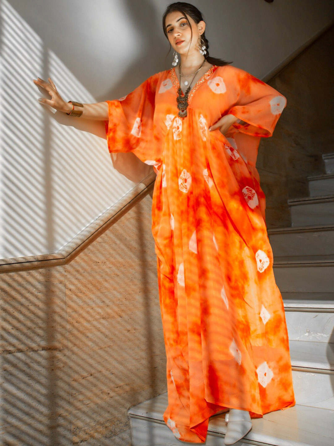 Thread & Button Orange Tie & Dye Kaftan Dress