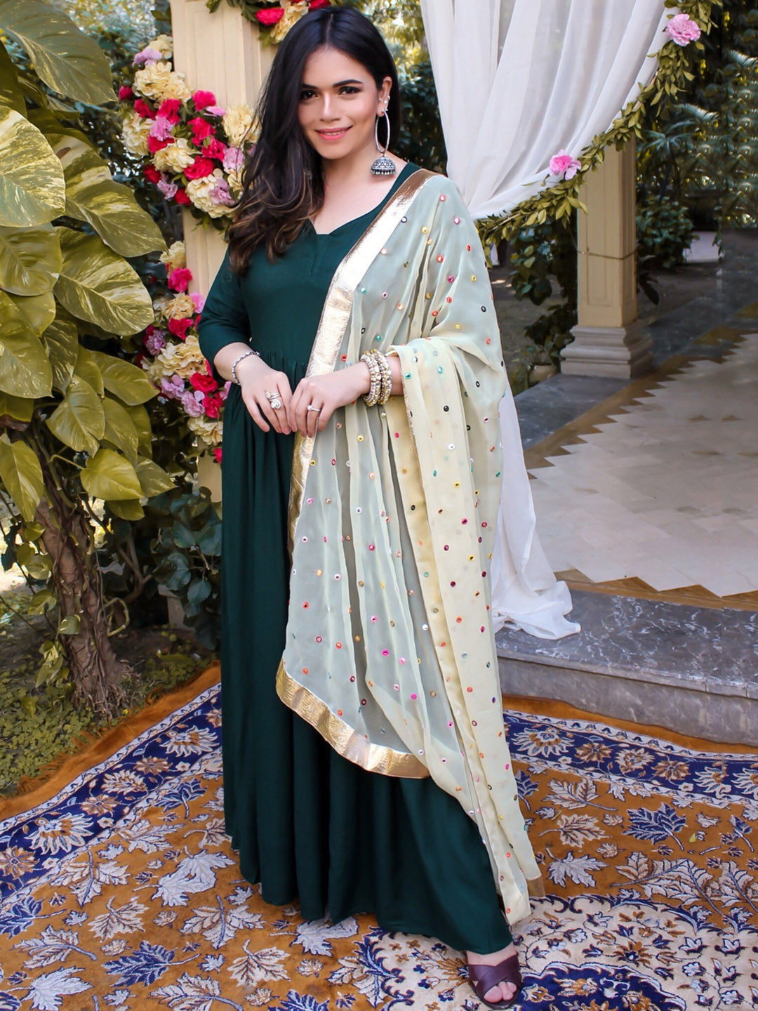 Thread & Button Women Green Mirror Work Kurta with Trousers & Dupatta