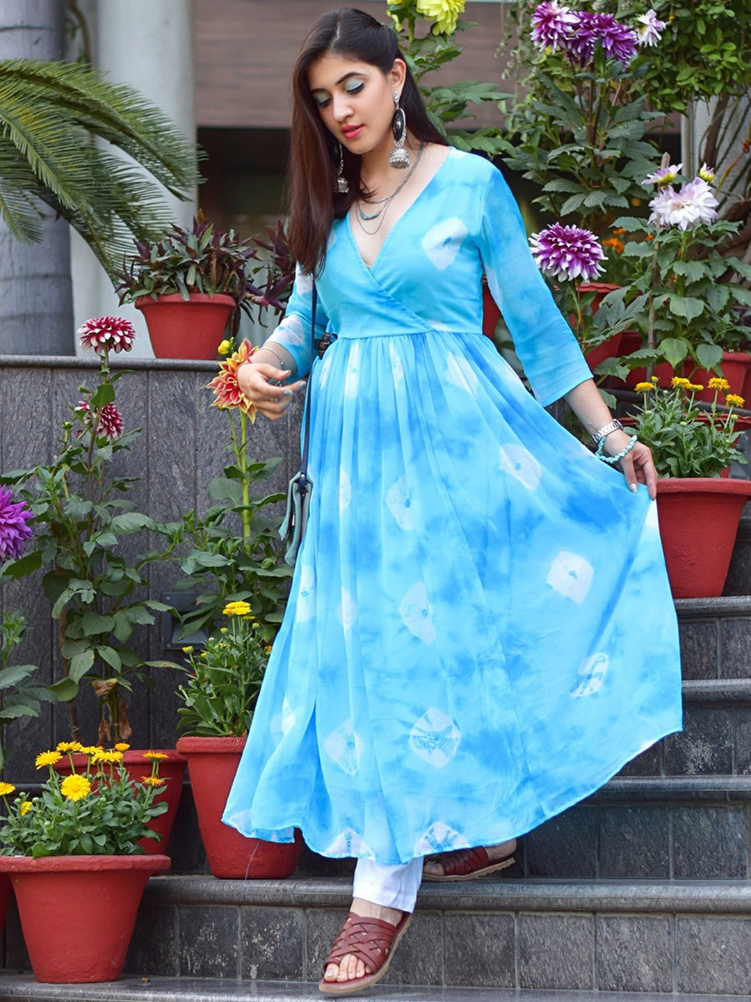 Thread & Button Women Blue Dyed Angrakha Silk Chiffon Kurta with Trousers