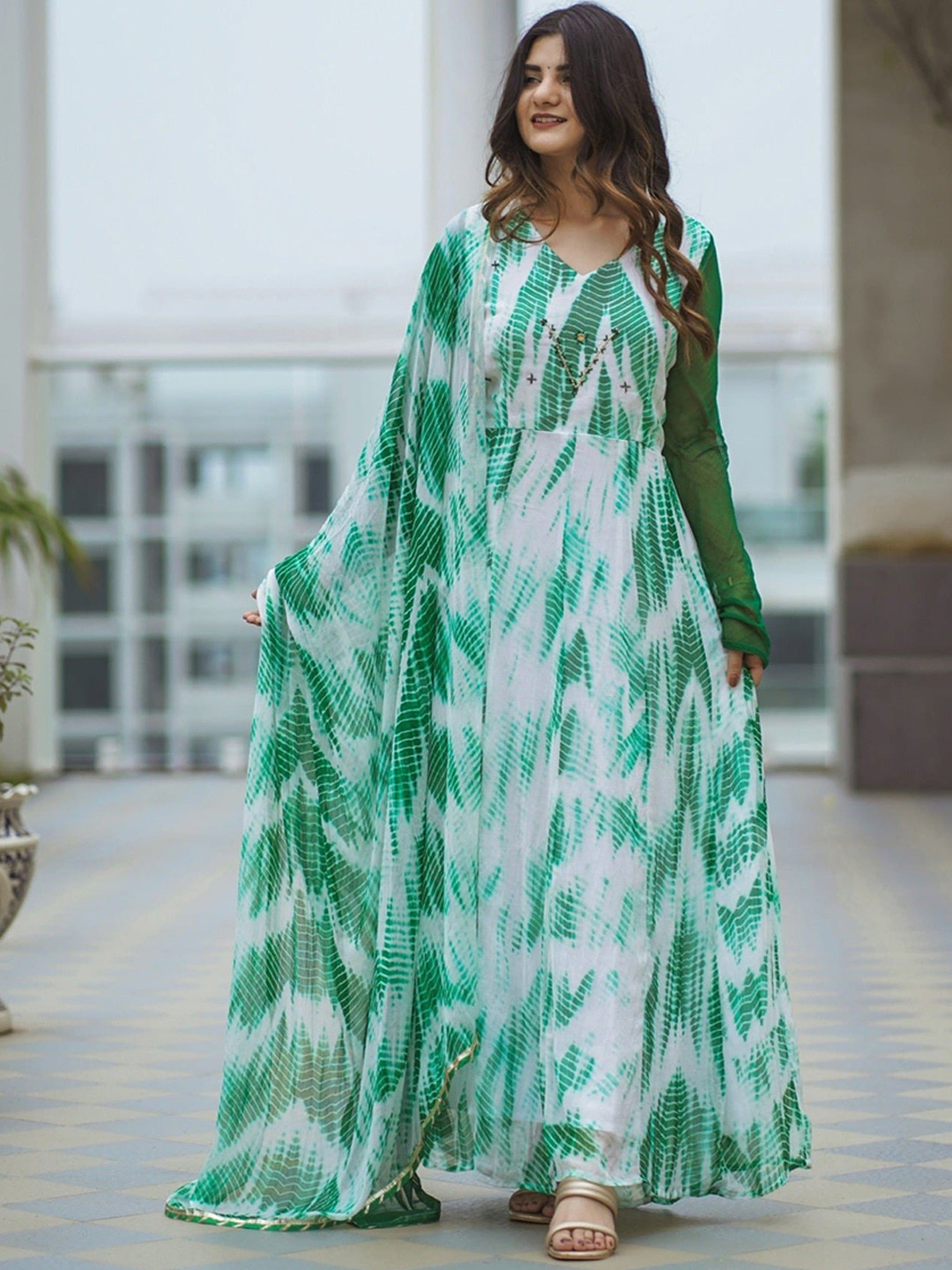 Thread & Button Women Green Dyed Silk Chiffon Kurta With Churidar & Dupatta