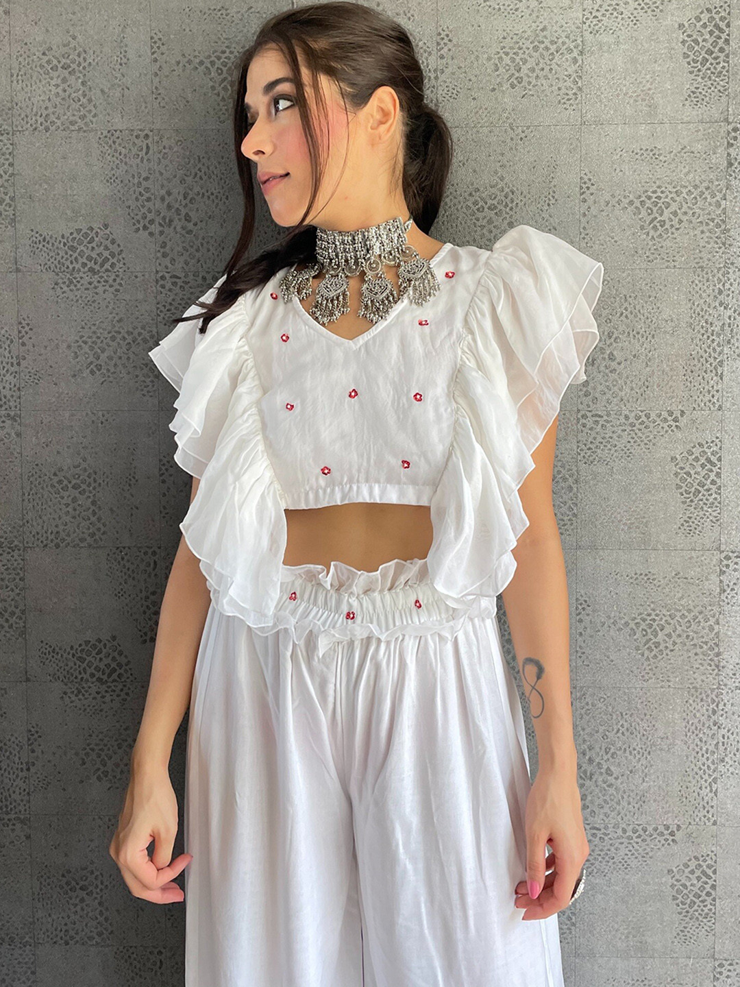 Thread & Button Women White Top with Palazzos