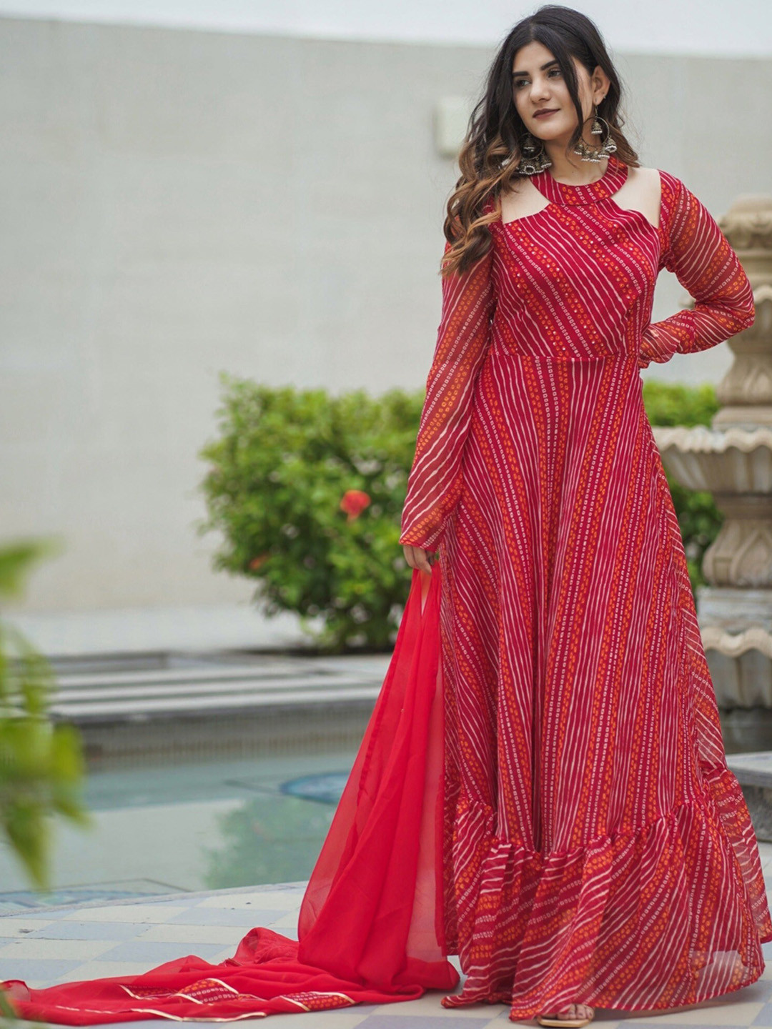 Thread & Button Women Red Bandhani Printed Silk Chiffon Fusion Kurta with Trousers & With Dupatta