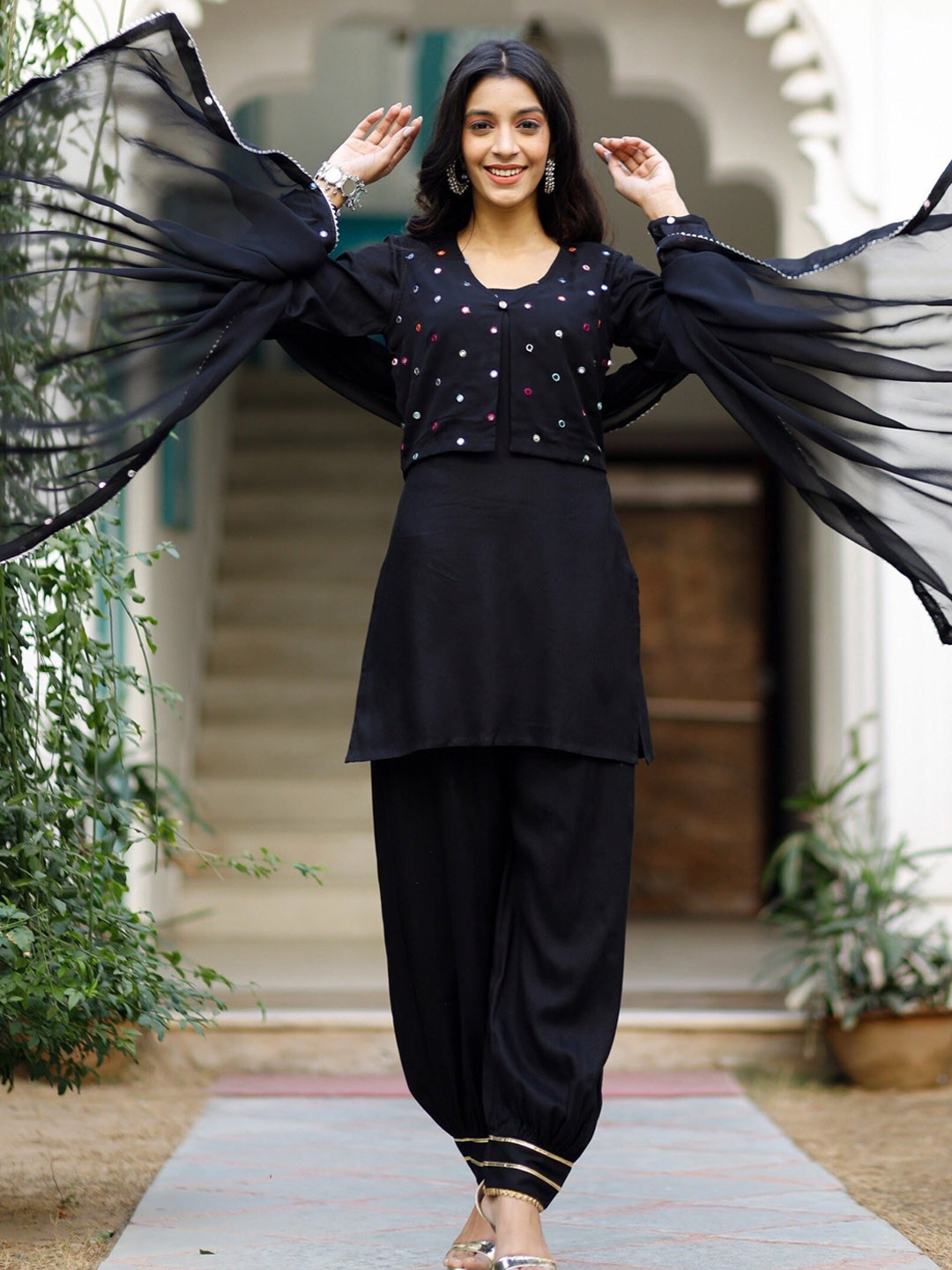 Thread & Button Women Black Mirror Work Pure Cotton Kurti with Salwar & With Dupatta