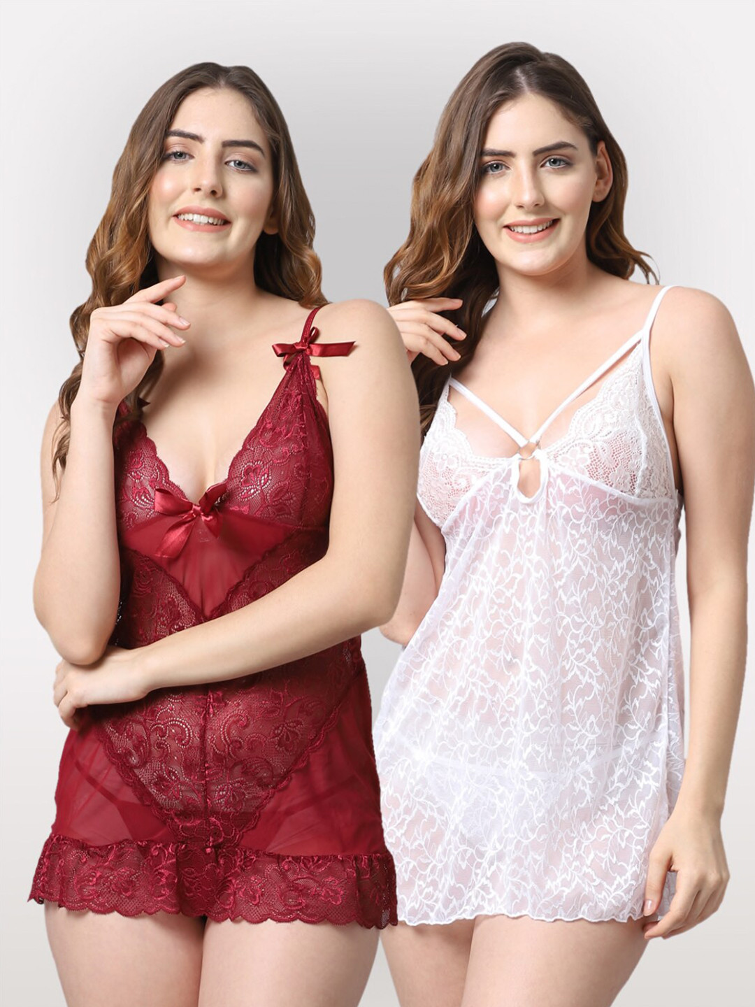 Shararat Maroon & White Set Of 2 Lace Baby Dolls