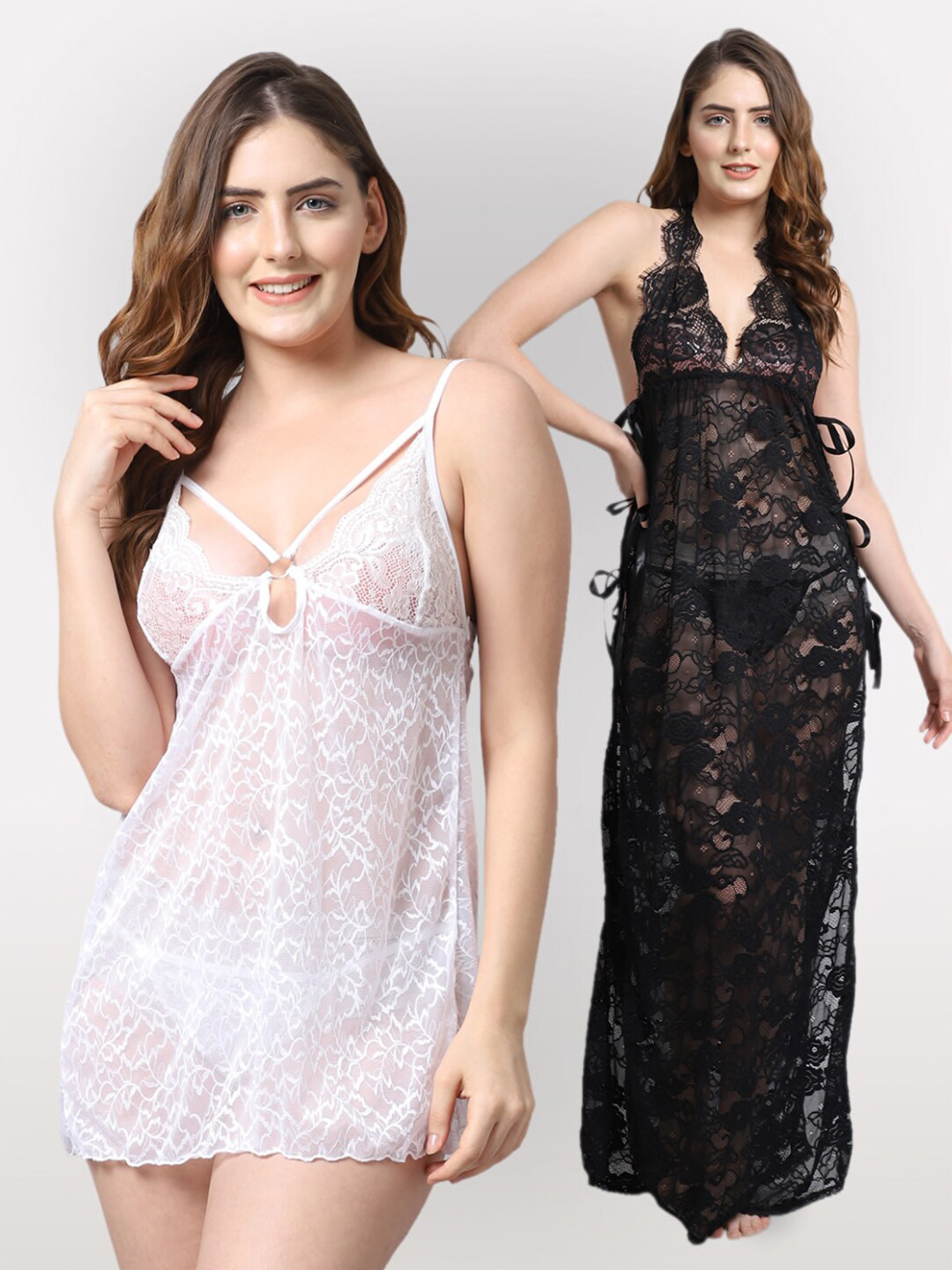 Shararat White & Black Set Of 2 Lace Baby Dolls