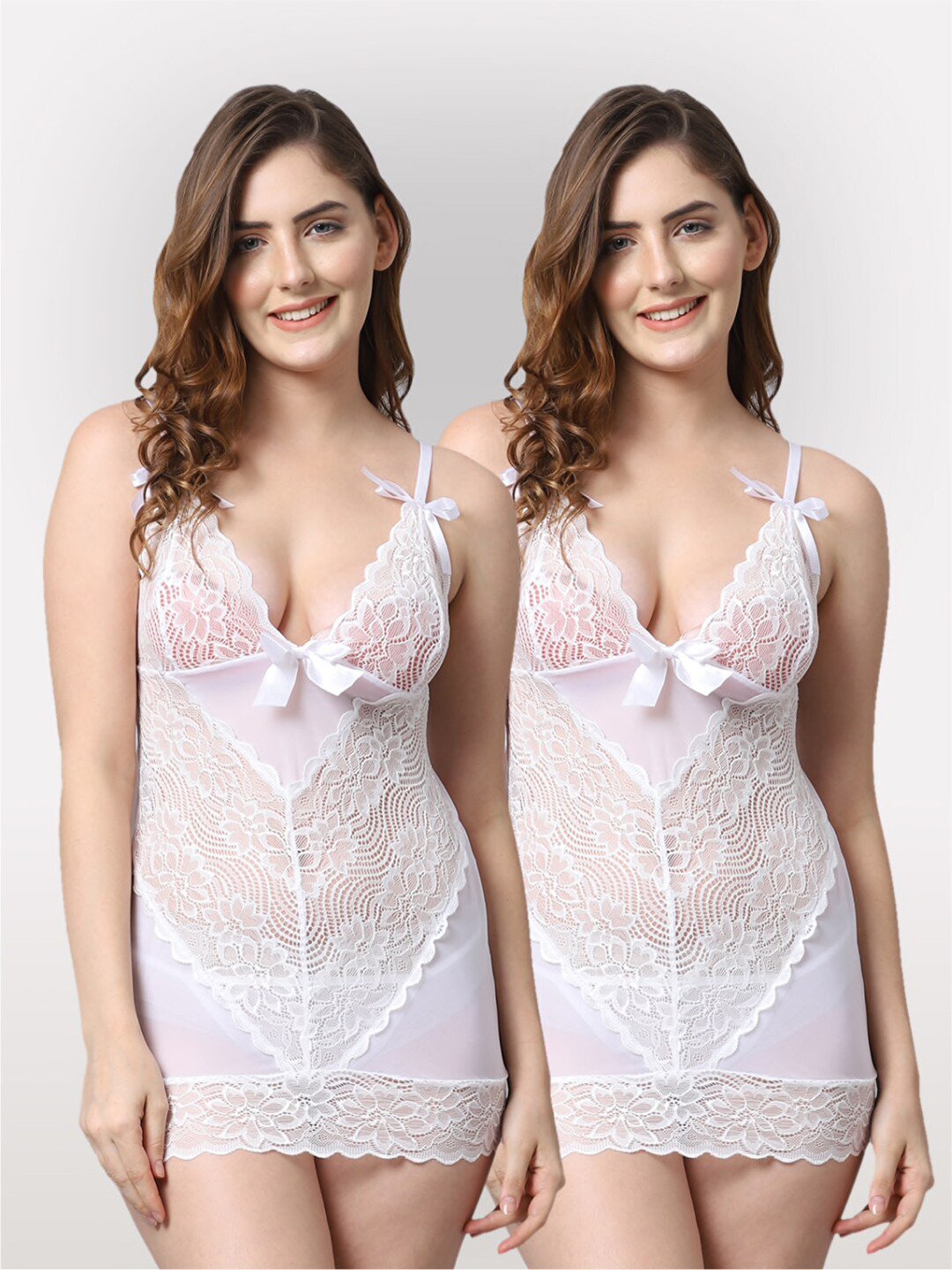 Shararat White Set Of 2 Lace Baby Dolls
