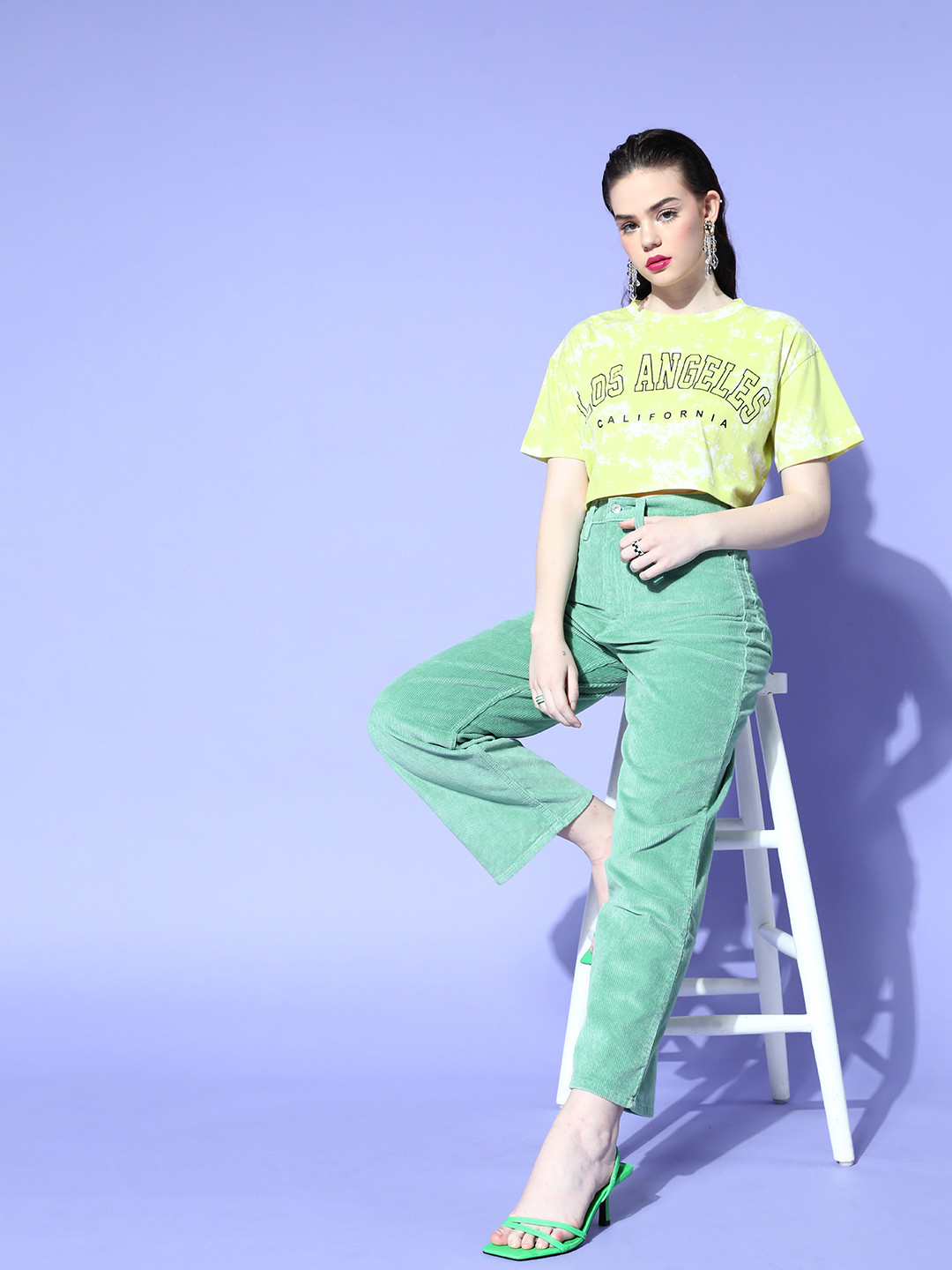 Berrylush Lime Green & Black Tie and Dye Print Crop Top