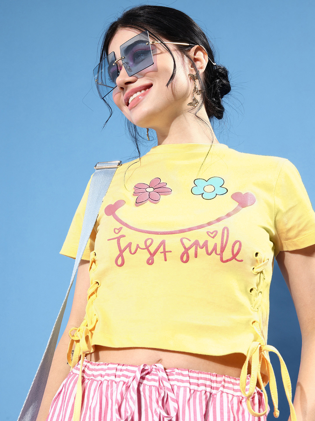 People Women Yellow Typography Printed Pure Cotton T-shirt