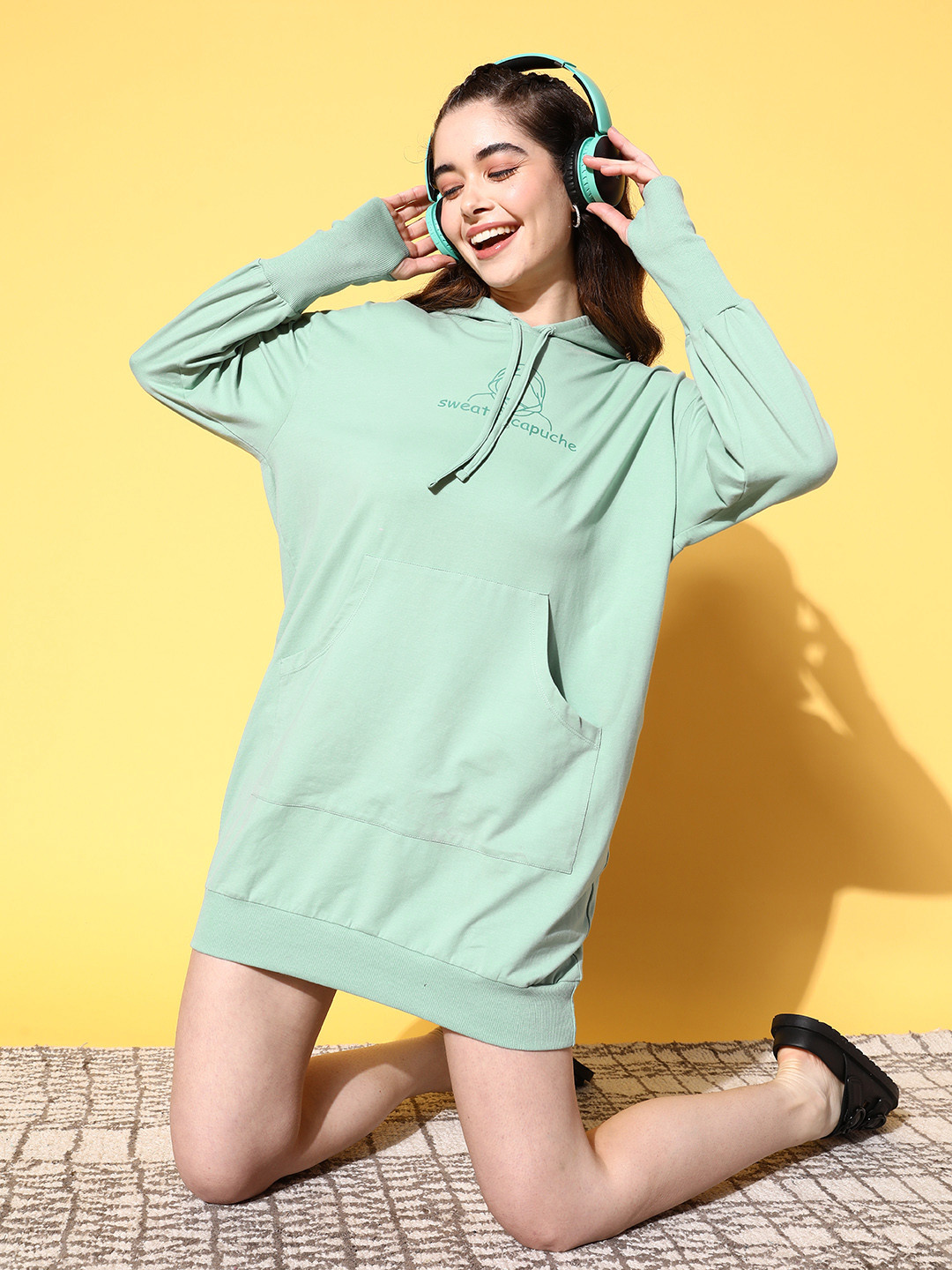 ANWAIND Women Sage Green Solid Hooded Jumper Dress