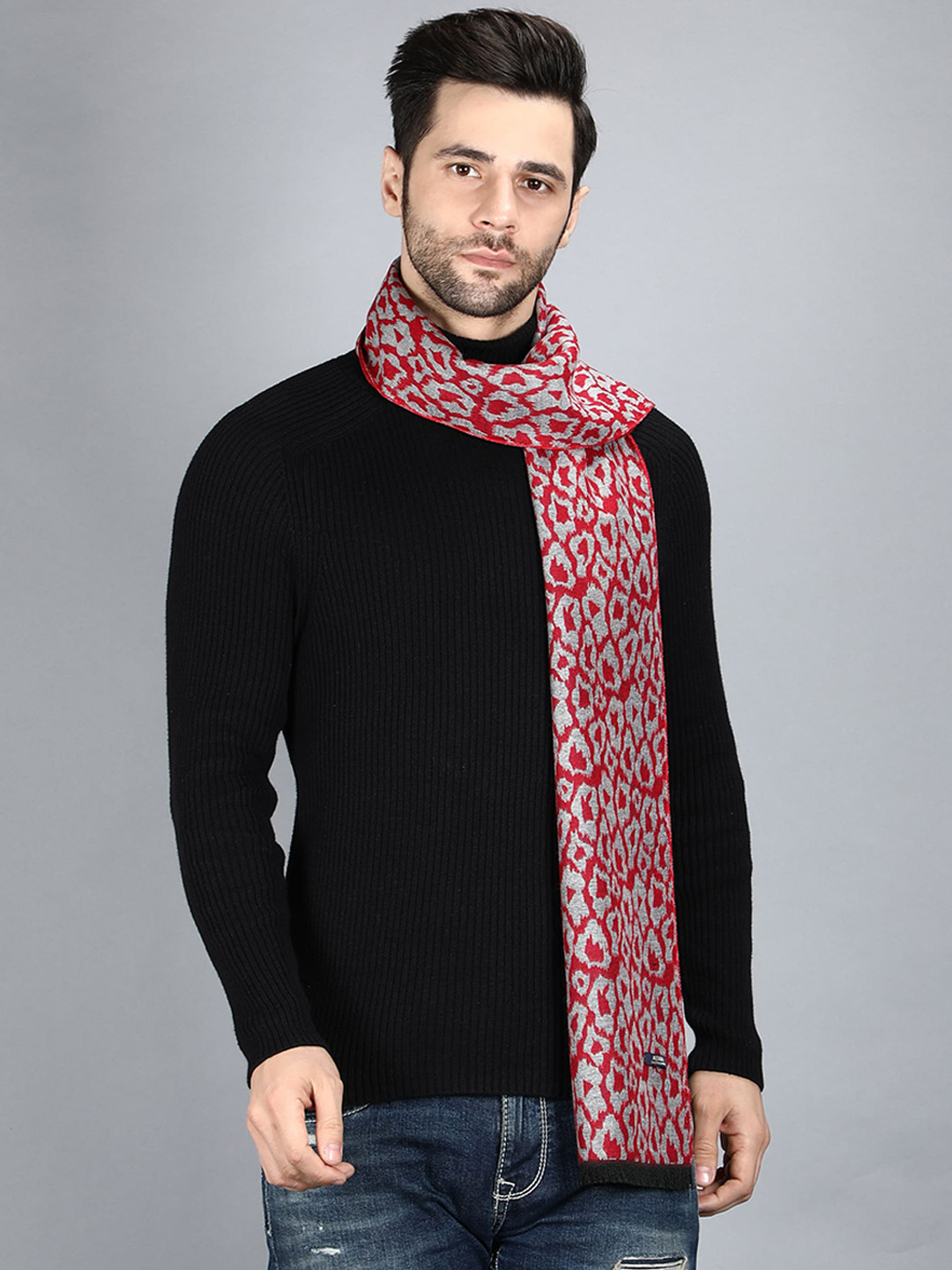 Alvaro Castagnino Men Red & Grey Animal Print Wool Muffler