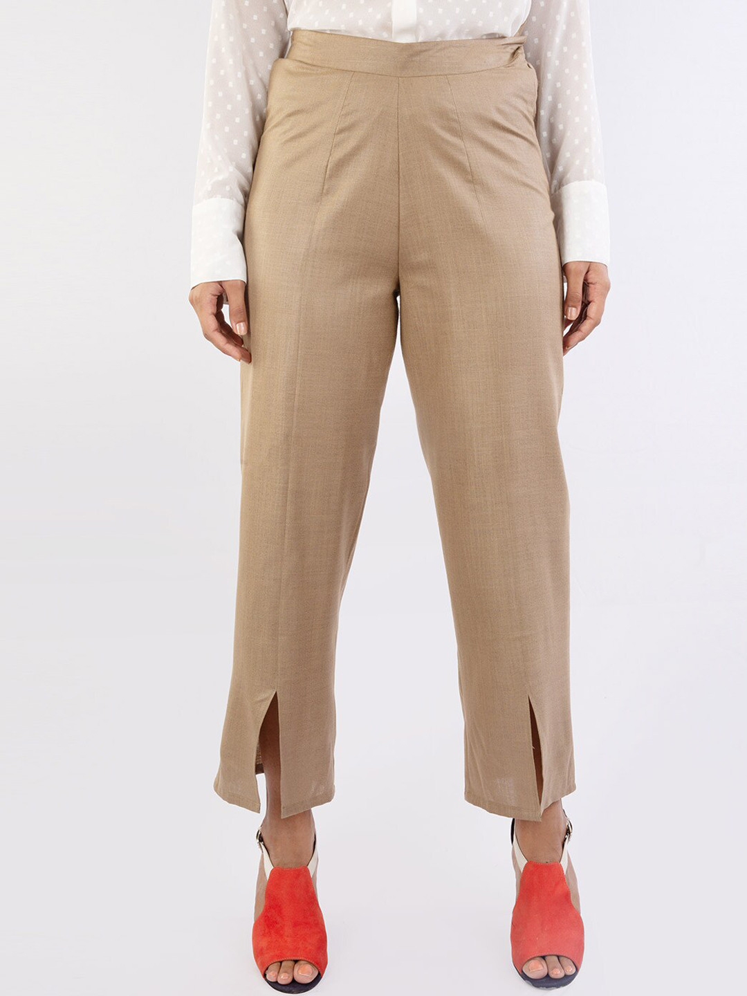 NOT SO PINK Women Beige Mid-Rise Regular Fit Cotton Trousers