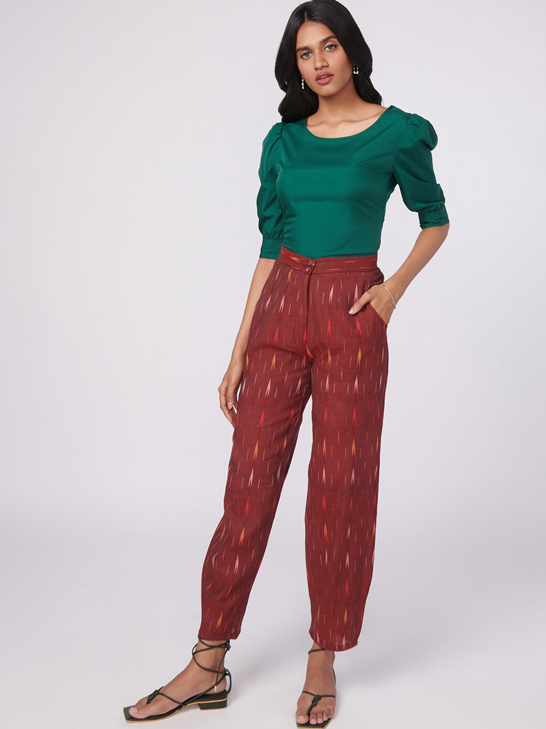 NOT SO PINK Women Red Ikat Printed Cotton Trousers
