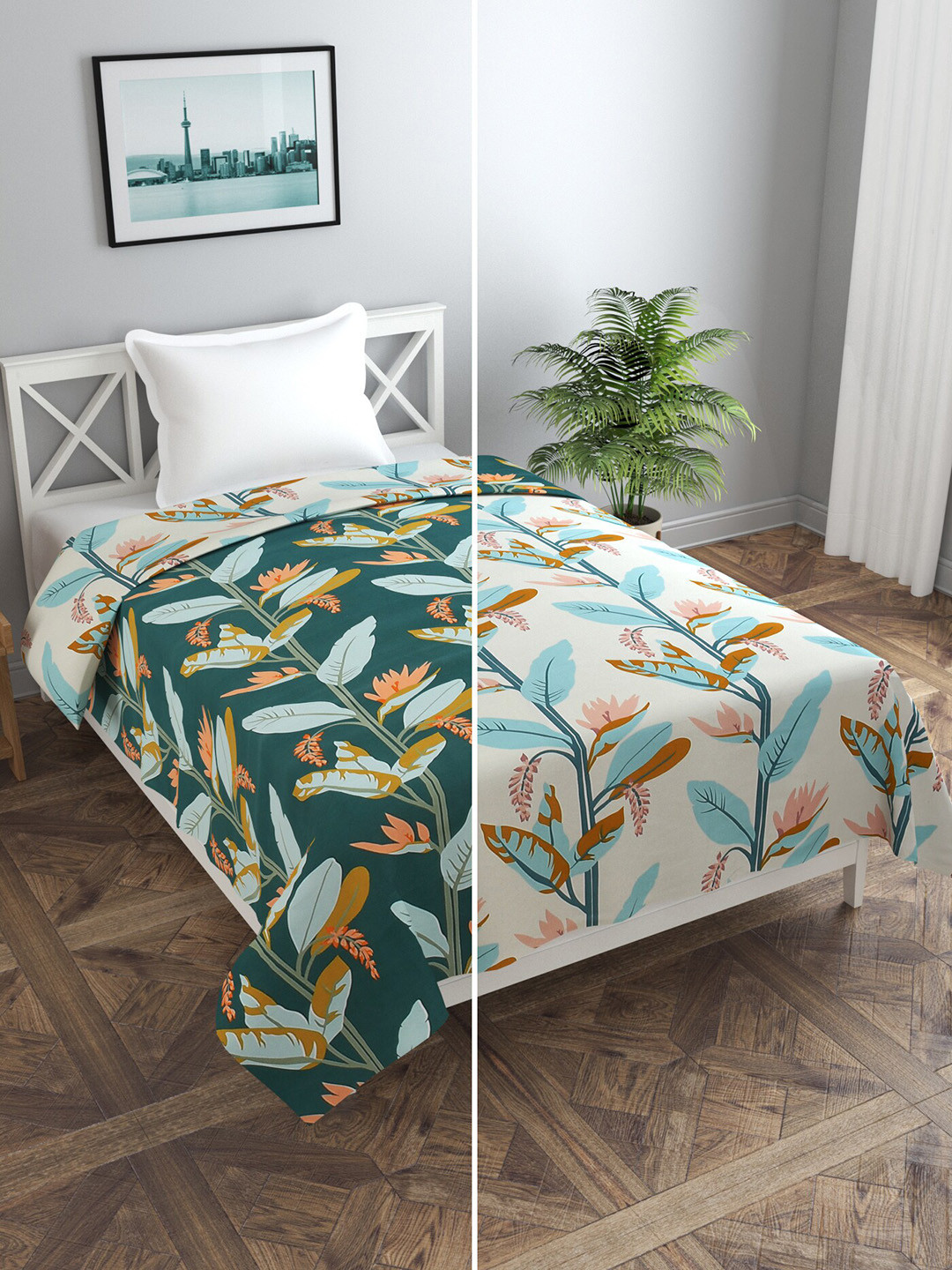 MORADO Green Printed Reversable Single Bed Duvet Cover