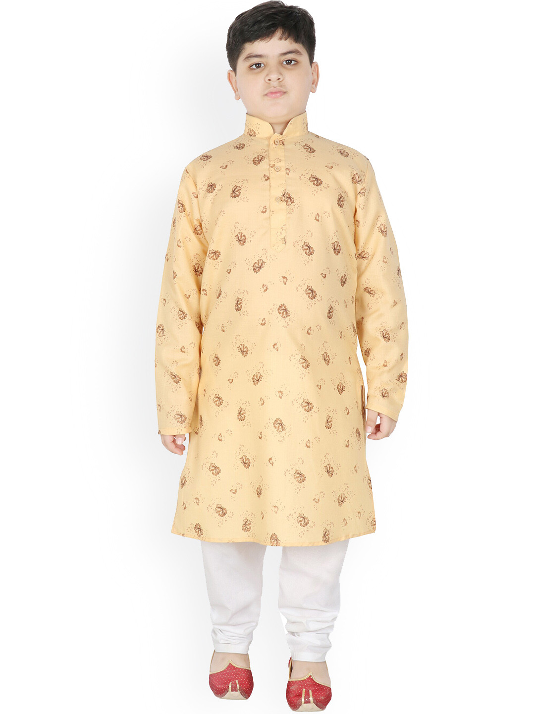 SG YUVRAJ Boys Beige & White Floral Printed Pure Cotton Kurta with Churidar