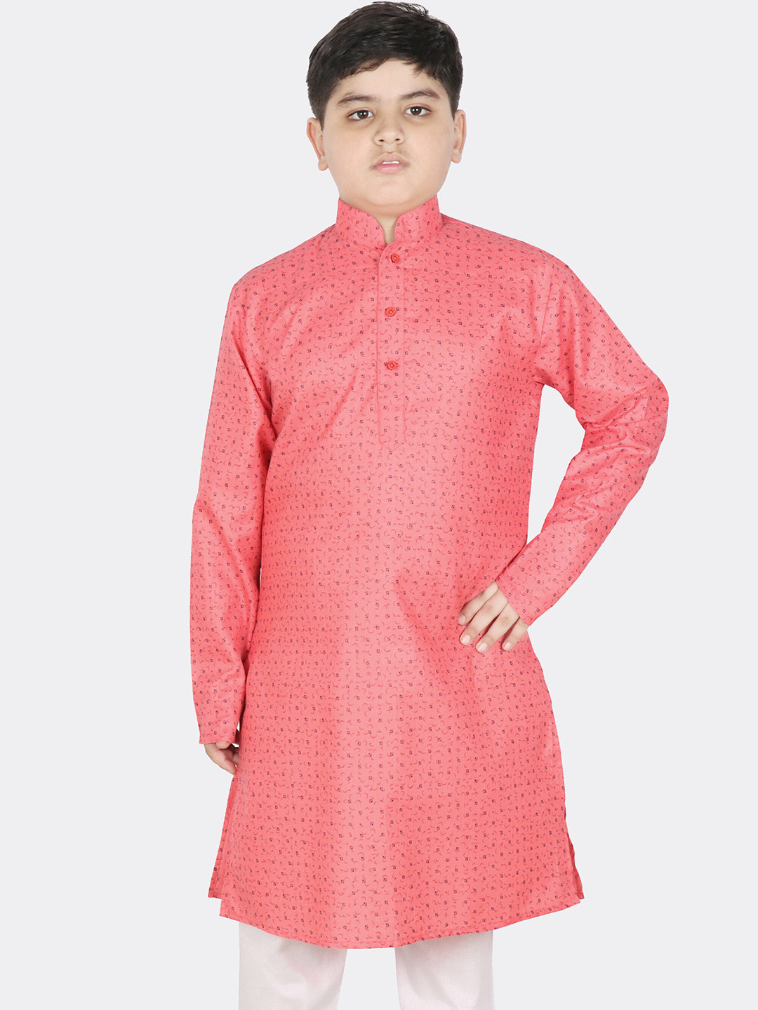 SG YUVRAJ Boys Pink Printed Mandarin Collar Side Slit Cotton Kurta
