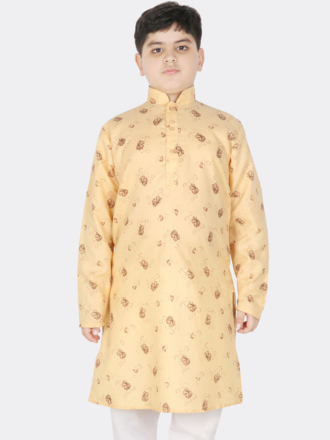SG YUVRAJ Boys Floral Printed Mandarin Collar Pure Cotton Kurta