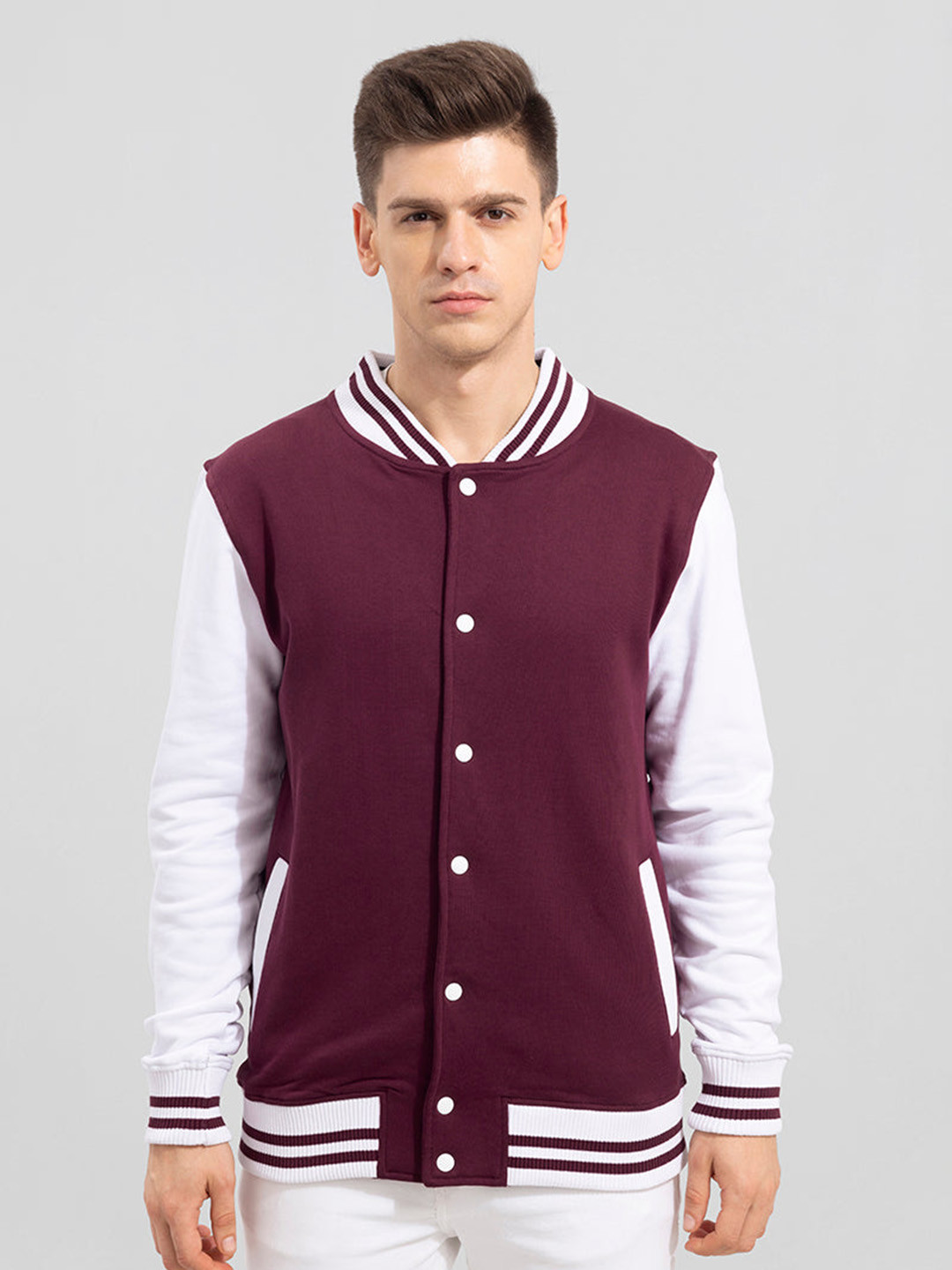 Snitch Men Maroon & White Cotton  Colourblocked Bomber Jacket
