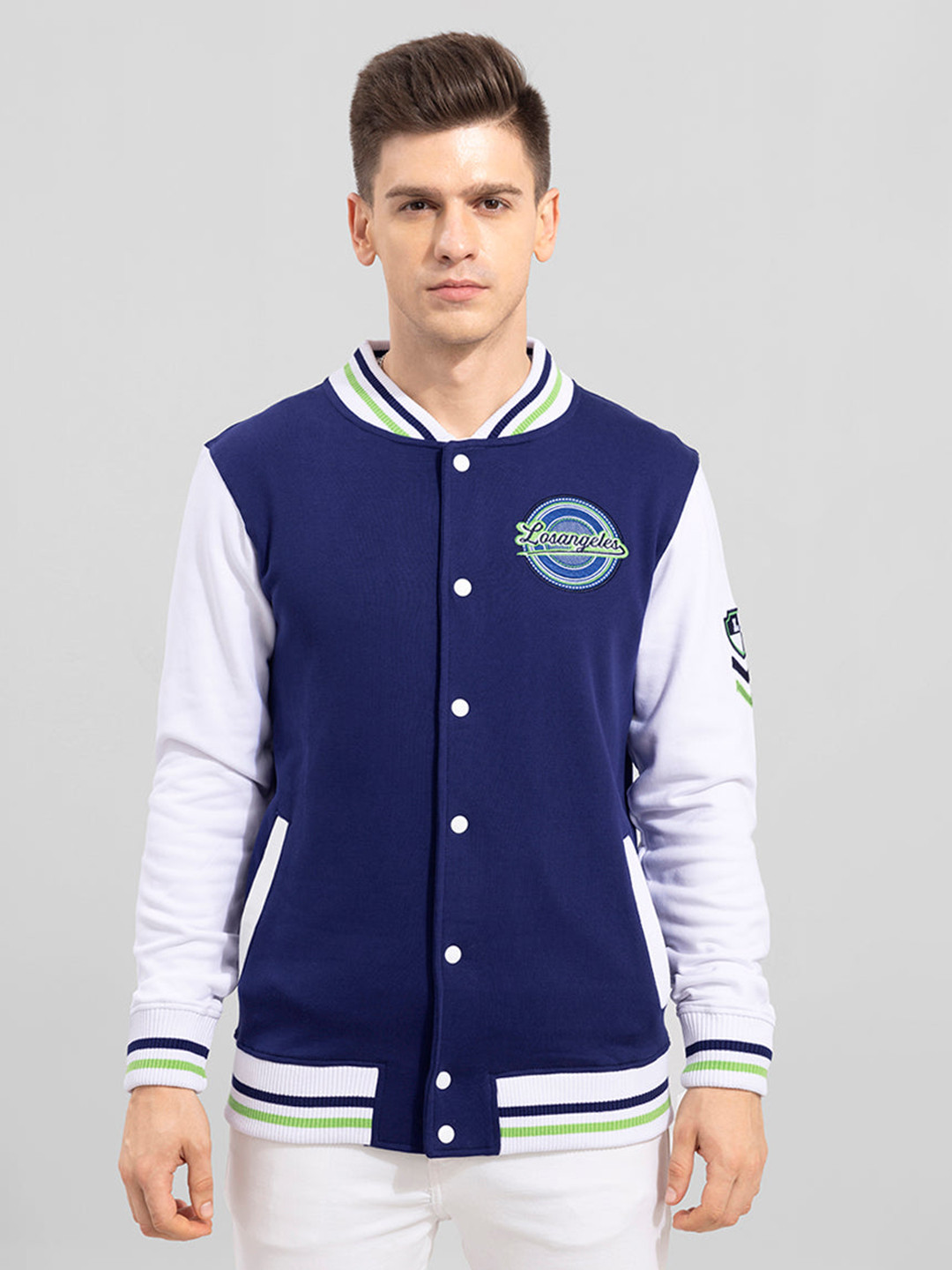 Snitch Men Blue & White Cotton Colourblocked Bomber Jacket