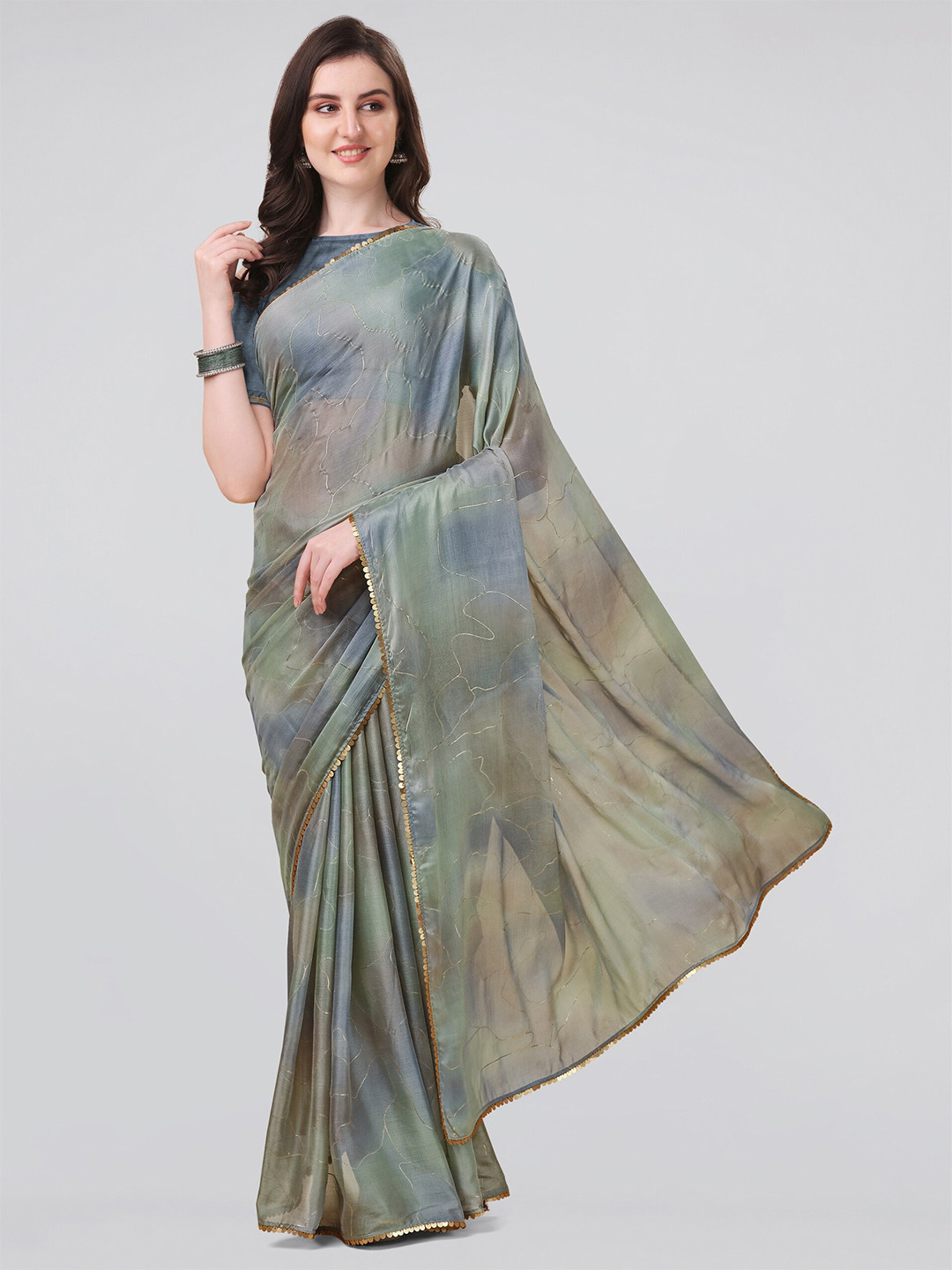 MIRCHI FASHION Grey & Green Tie and Dye Saree