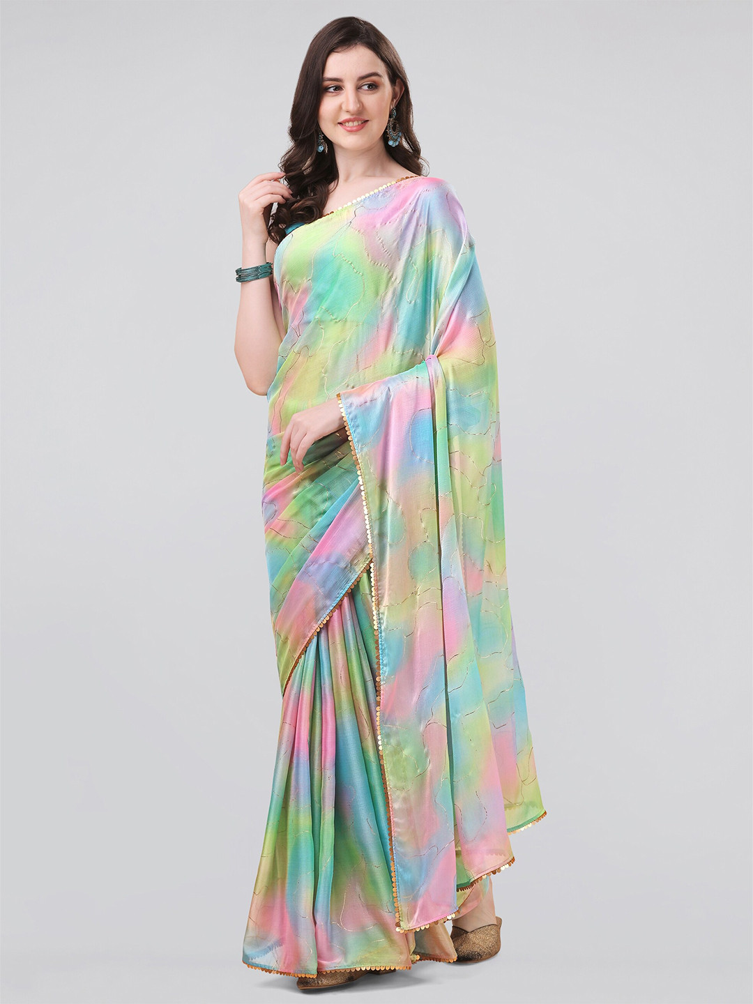 MIRCHI FASHION Green & Pink Tie and Dye Sequinned Saree