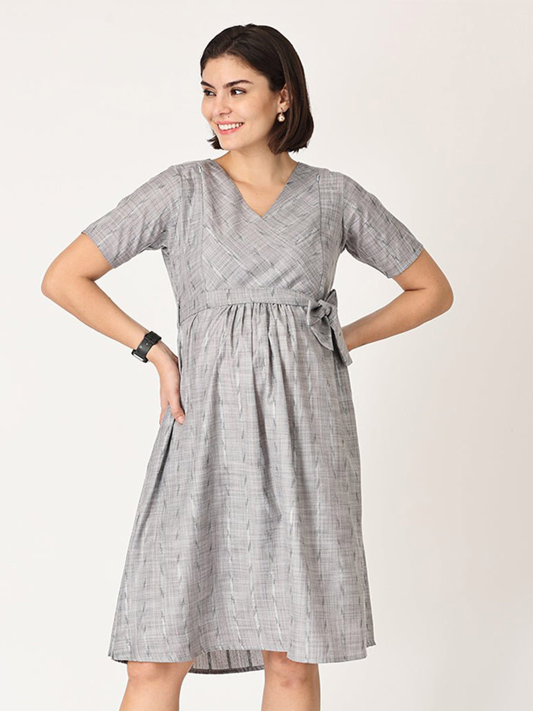 The Mom Store Grey Striped Wrap V-Neck Maternity Dress