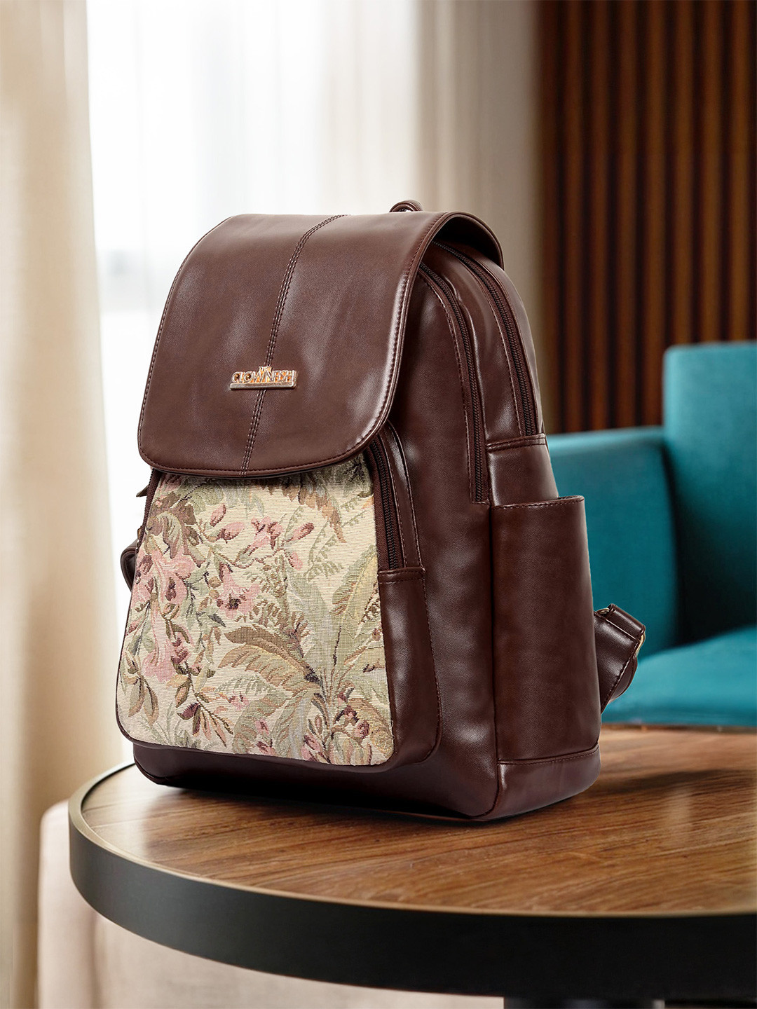 THE CLOWNFISH Minerva Unisex Coffee Brown & Pink Geometric Backpack