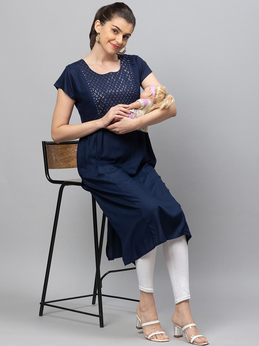 AV2 Navy Embellished Sequined Maternity A-Line Kurta