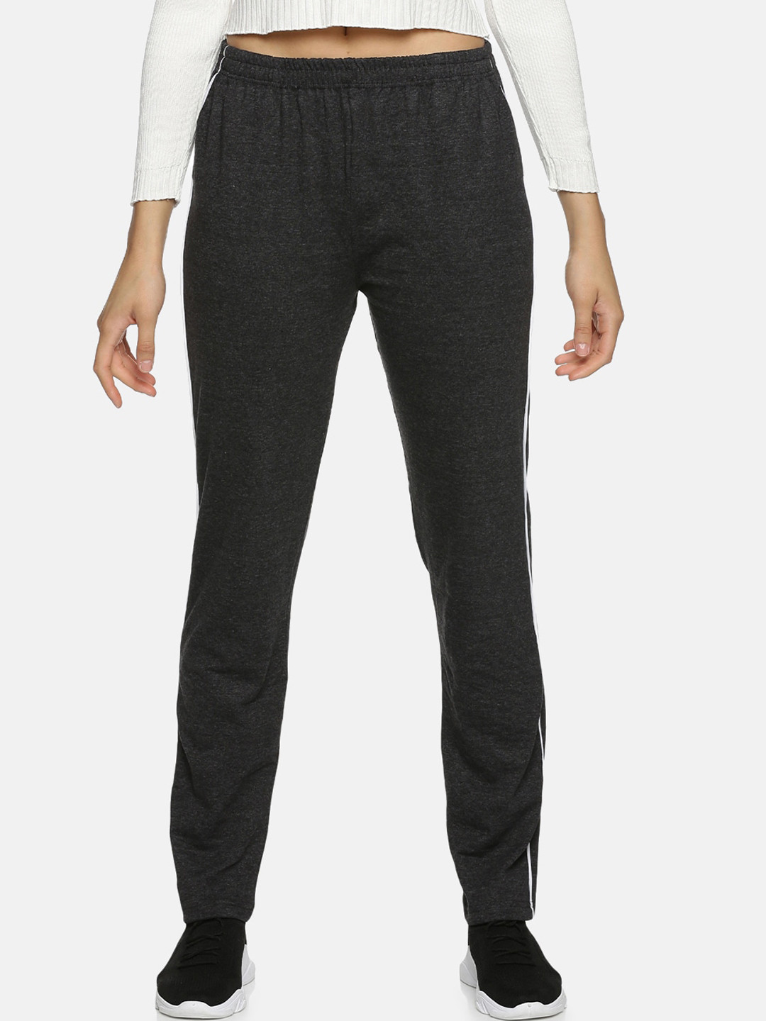 NOT YET by us Women Charcoal Solid Cotton Track Pants