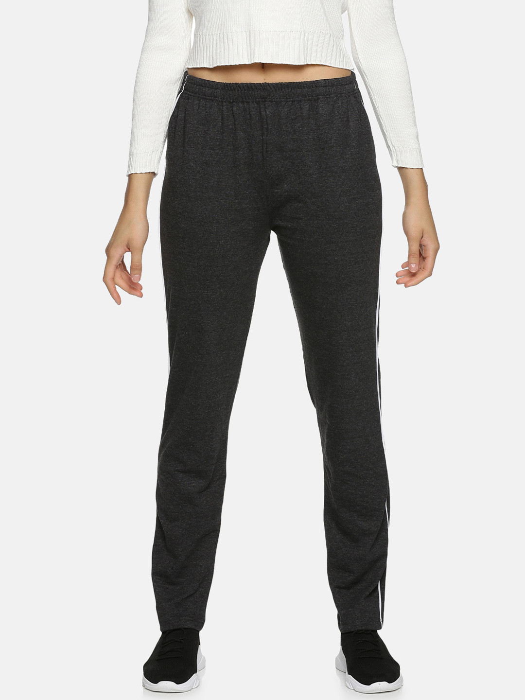 NOT YET by us Women Charcoal Solid Cotton Track Pant