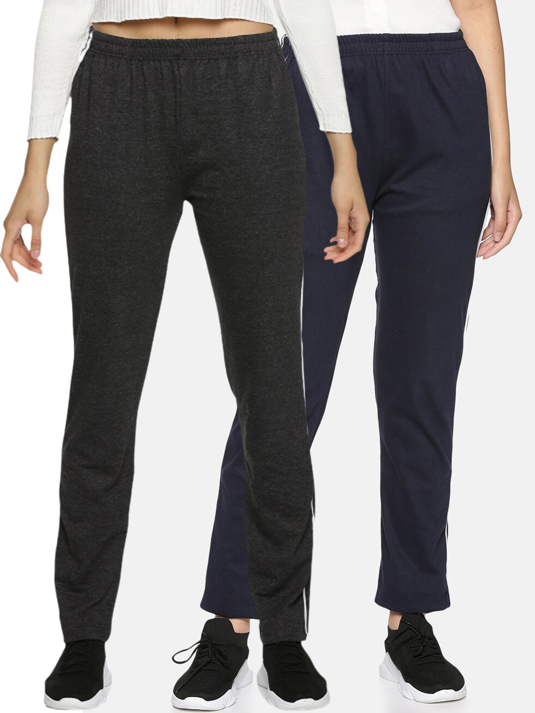 NOT YET by us Women Pack Of 2 Solid Cotton Track Pants