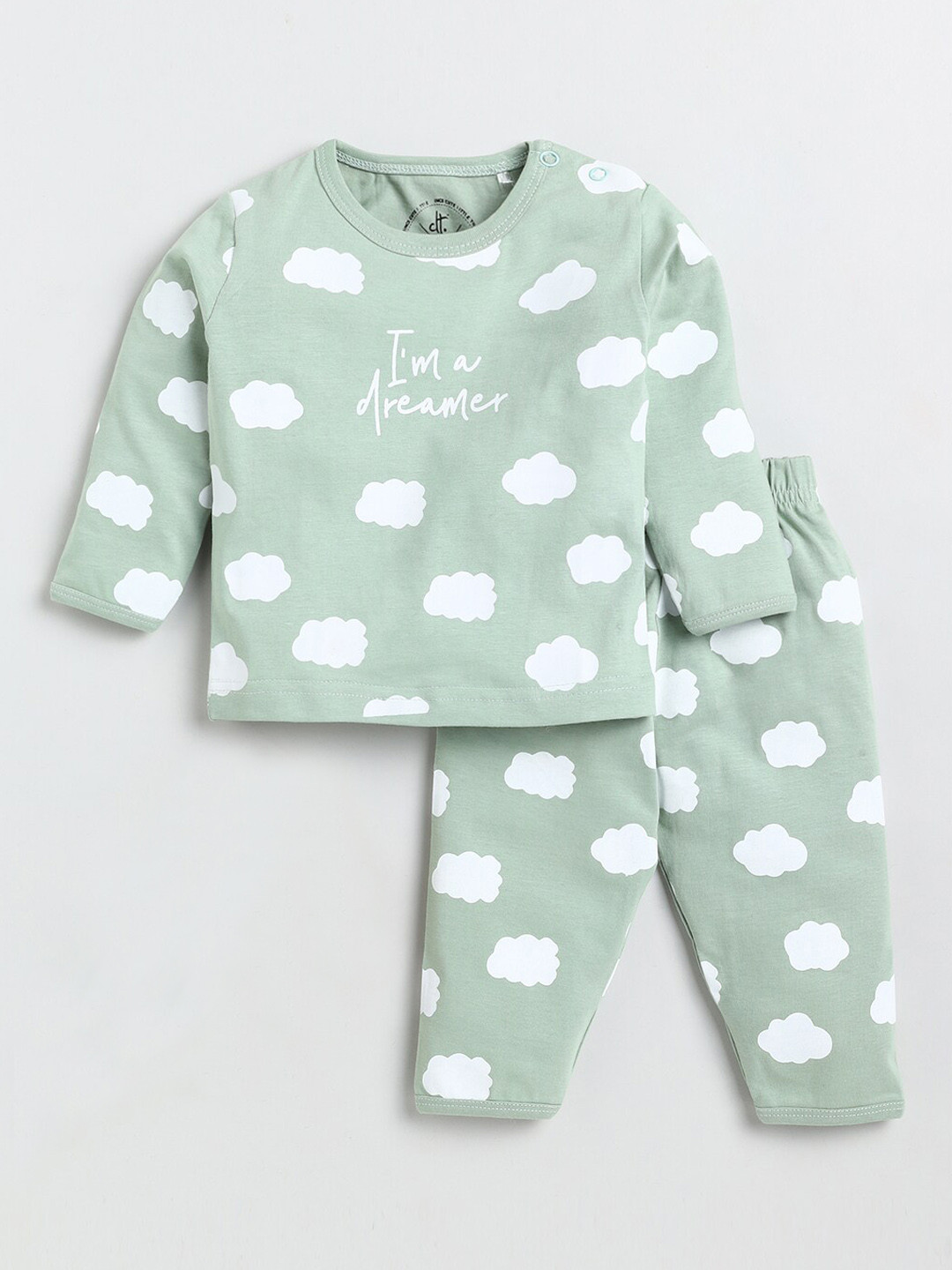 Clt s Kids Green & White Printed Pure Cotton T-Shirt & Pyjamas Night Suit