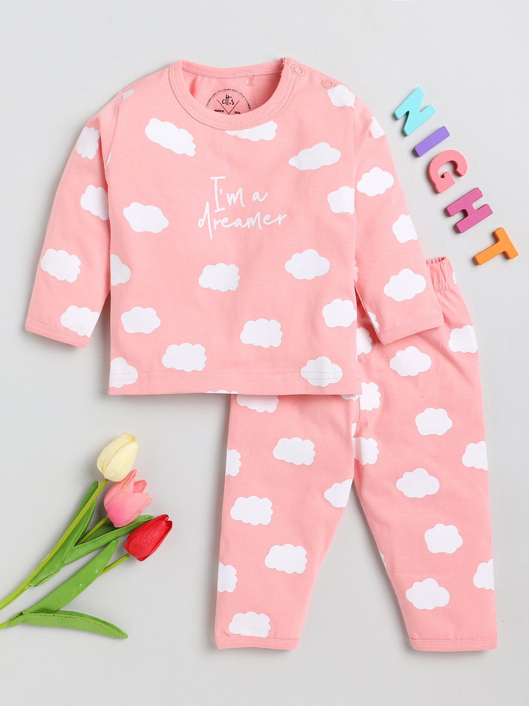 Clt s Kids Pink & White Printed Pure Cotton T-Shirt & Pyjamas Night Suit